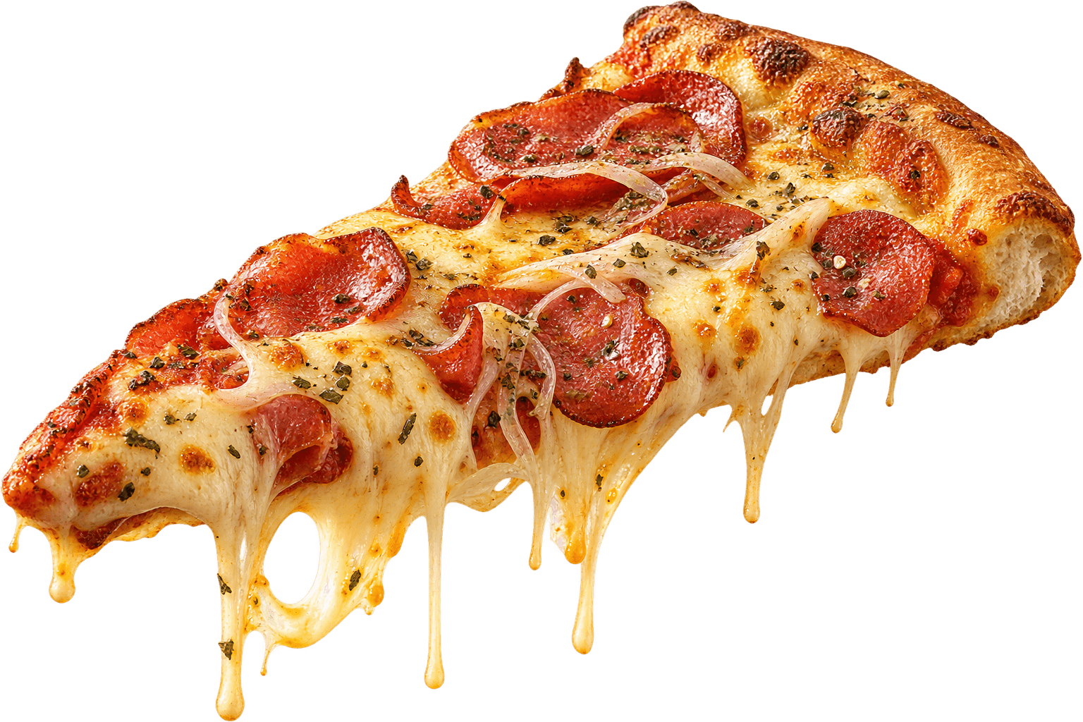 Fatia de pizza de calabresa com queijo derretendo e escorrendo